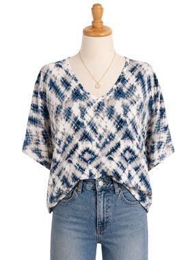 Tahari‎ Womens Oversized Tied Dyed Blouse Top Small Baggy Boho Artsy Blue Casual